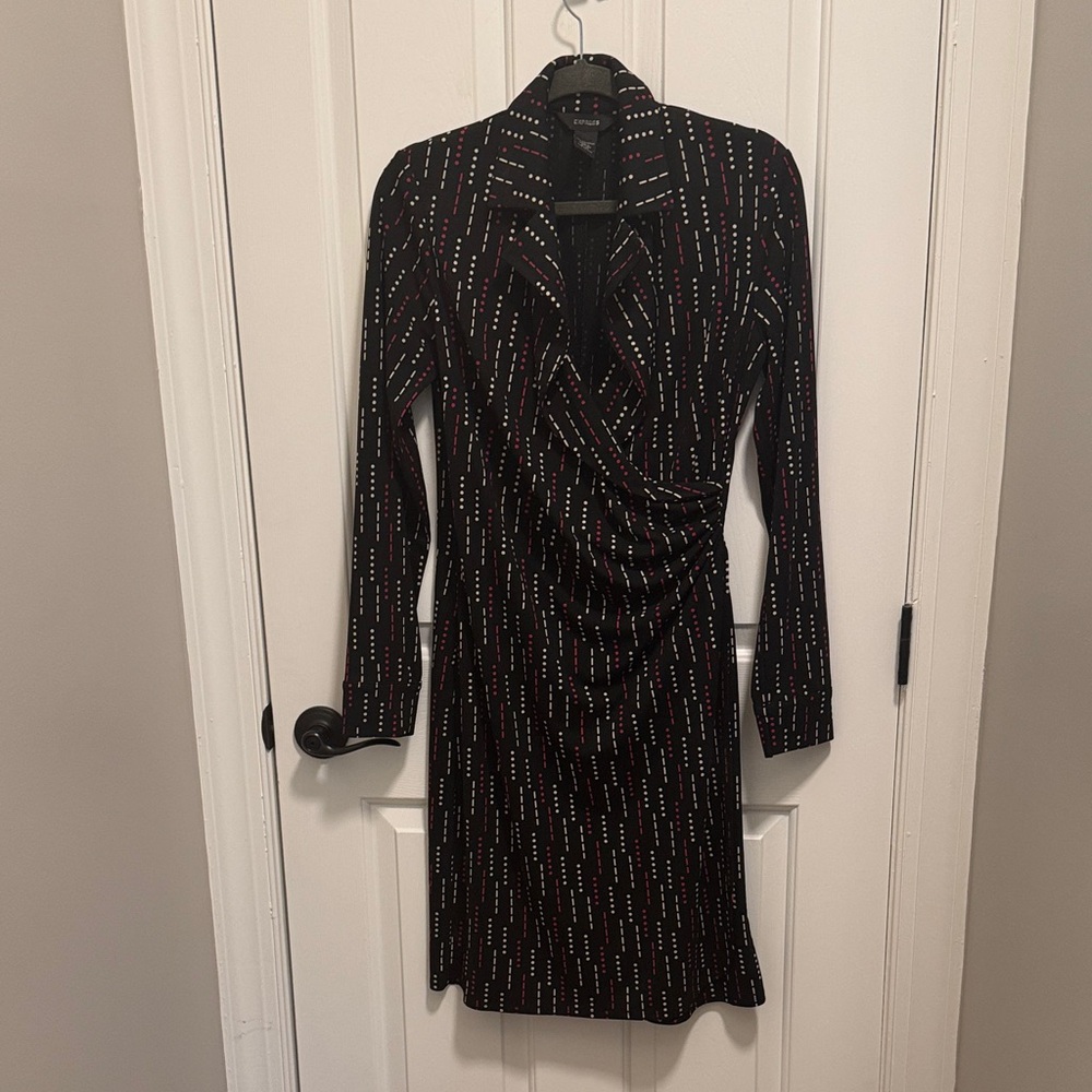 Express Long Sleeve Black Dress with Red and White Pattern